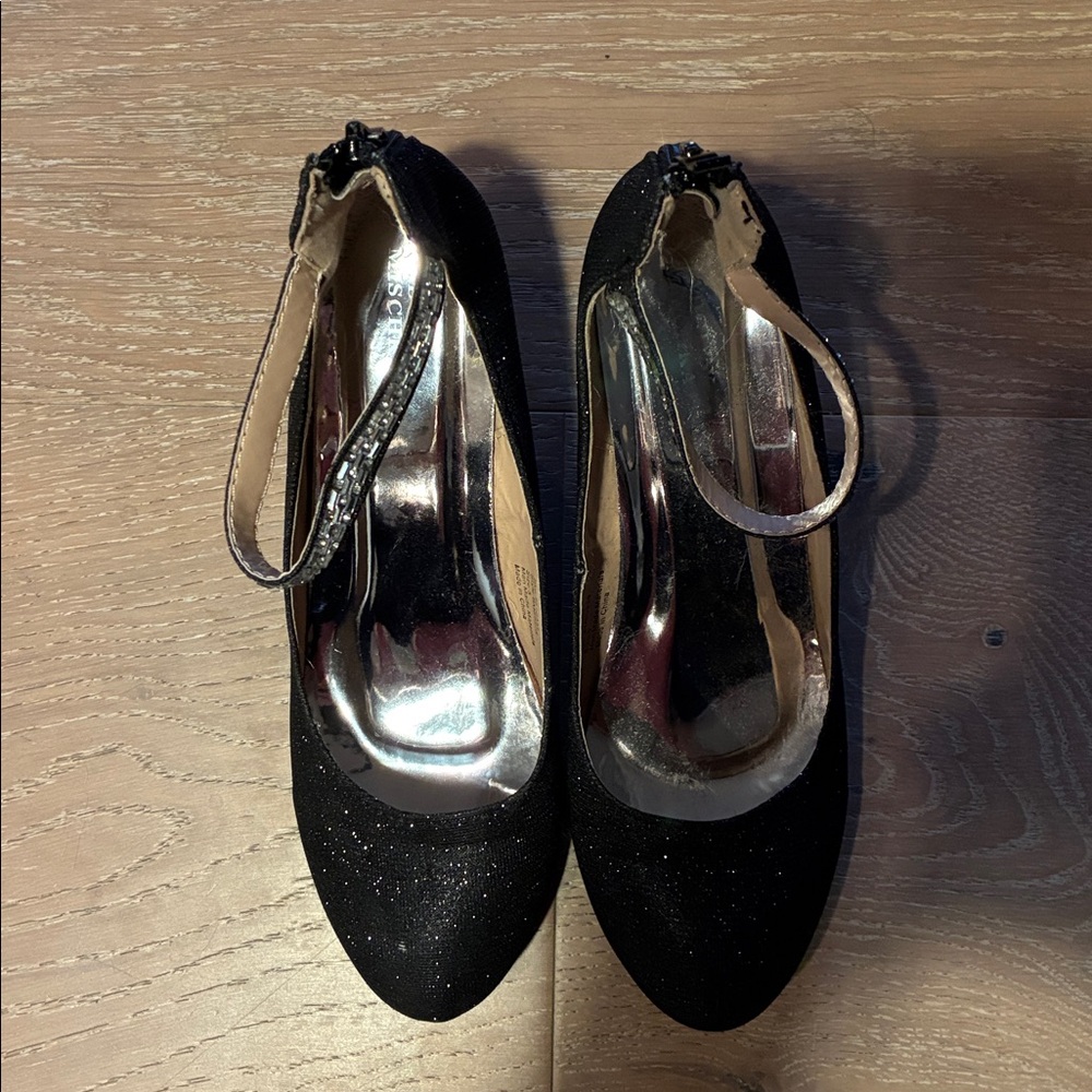 Badgley Mischka Black Glitter Heels with Embellished Strap